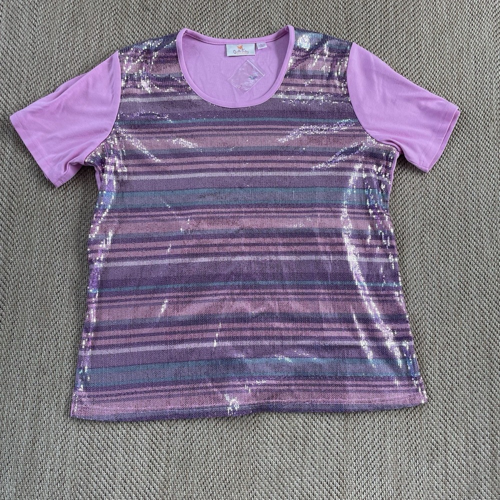 Quacker Factory Purple Lilac  Sequin Front Short Sleeve T-Shirt L‎